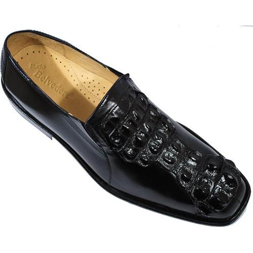 Belvedere "Zebra" Black Genuine Hornback Crocodile Loafer Shoes